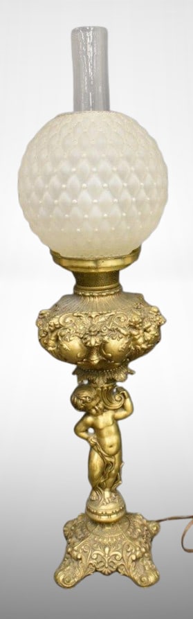Vintage L and L brass/ metal Art Nouveau Cherub elec. 28.5" lamp: Vintage L and L brass/ metal Art Nouveau Cherub elec. 28.5" lamp; frosted Diamond Quilted shade