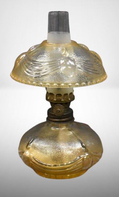 EAPG Lincoln Drape miniature oil lamp, amber, 5.5" (1 of 9)