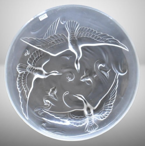 Signed Verlys frosted Art Glass 13.5" bowl decorated w/ birds and koi fish: Signed Verlys frosted Art Glass 13.5" bowl decorated w/ birds and koi fish ;