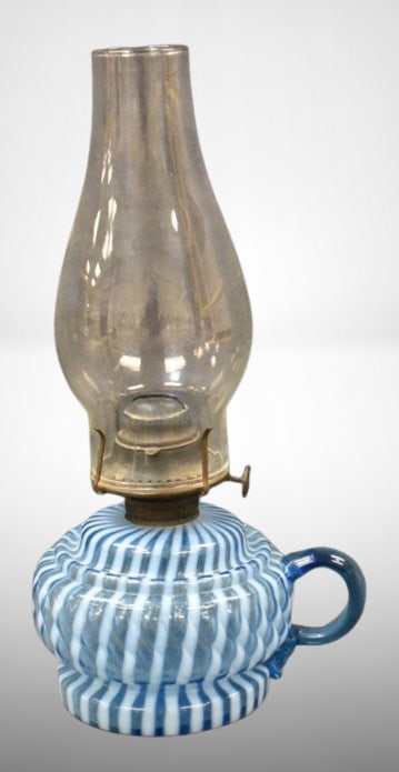 Blue opalescent Sheldon Swirl finger hold kerosene lamp, 4.5" (1 of 9)
