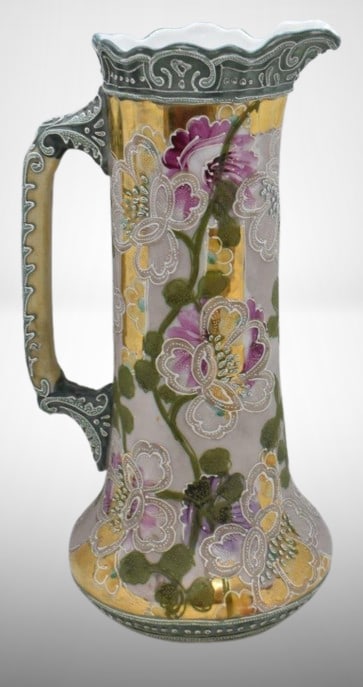 Nippon Moriage 10.5" pitcher, floral designs: Nippon Moriage 10.5" pitcher, floral designs;