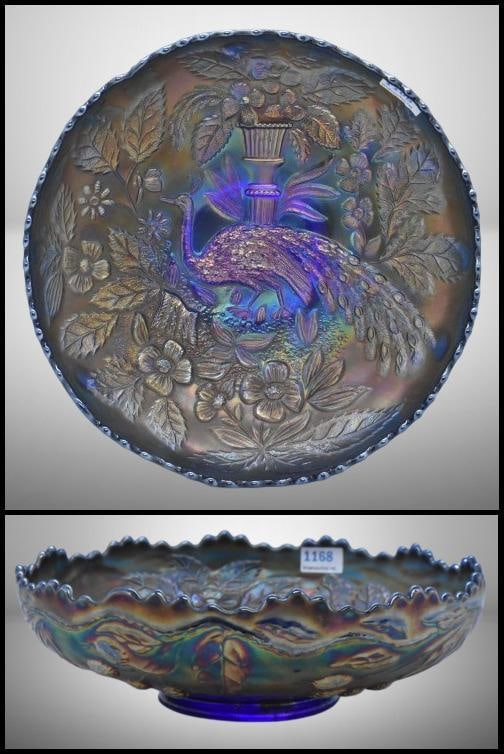 Carnival Glass Peacock and Urn/ Blackberry 2.5"h x 7.5"d bowl, cobalt: Carnival Glass Peacock and Urn/ Blackberry 2.5"h x 7.5"d bowl, cobalt;