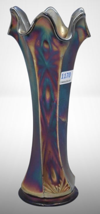 Carnival Glass Paneled Diamonds and Bows (Fenton) 7.5" vase, cobalt: Carnival Glass Paneled Diamonds and Bows (Fenton) 7.5" vase, cobalt;