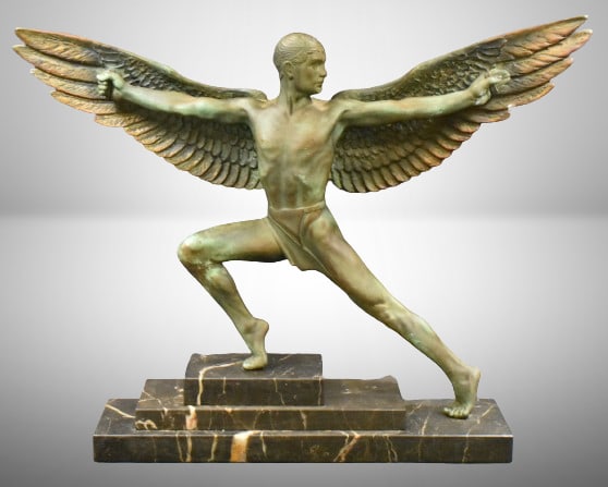 Max LeVerrier Art Deco bronze sculpture of winged Icarus male nude on step marble base: Max LeVerrier Art Deco bronze sculpture of winged Icarus male nude on step marble base; 19.5" wing span x 15"t, verdigris-like patina