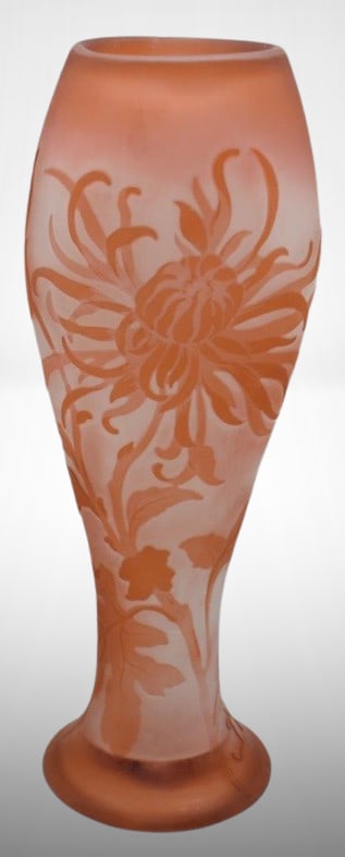 Signed and numbered Galle Cameo 8" vase, orange over clear, chrysanthemums (1 of 6)