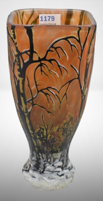 Signed Daum Nancy Cameo and Enameled 7" vase, Winter landscape (1 of 8)