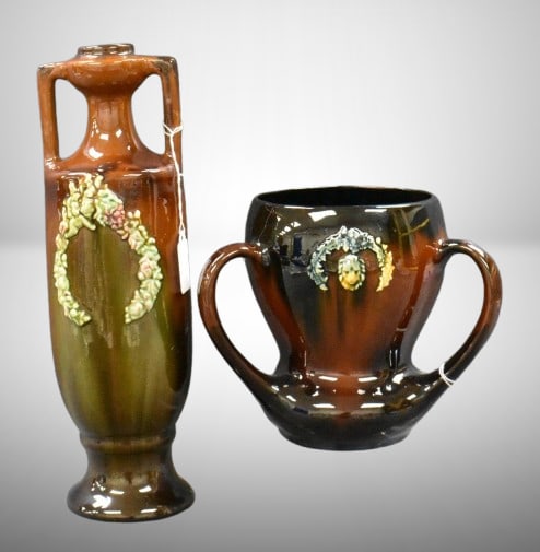 (2) Peters and Reed standard glaze pcs: 7"h 3-handled vase; 13.5" vase (1 of 13)