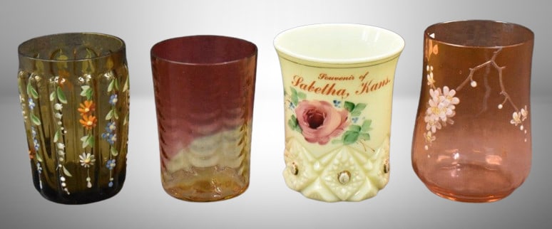 (4) Art Glass tumblers incl. souv. Custard, amberina, etc.: (4) Art Glass tumblers incl. souv. Custard, amberina, etc.;