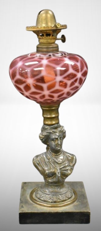Cranberry opalescent kerosene lamp w/ Gallinger Lady stem: Cranberry opalescent kerosene lamp w/ Gallinger Lady stem; 10" tall
