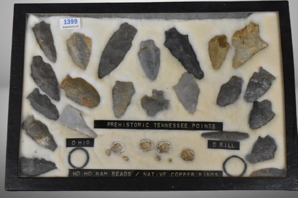 Display of prehistoric lithic artificts incl. TN points, Hohokam beads, etc. (1 of 8)