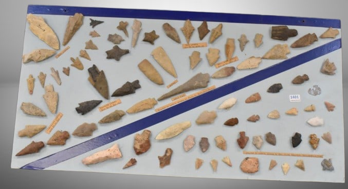 Display board of Native American Indian items incl. arrowheads and points, Lance head, knives, etc. (1 of 6)