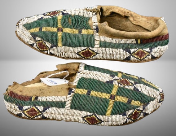 Native American original beaded moccassins: Native American original beaded moccassins; from Walt Lamkin collection, purchased out of a barn in Northern KS.; **FROM THE GALEN NICHOLS COLLECTION WE HAVE RELIED ON GALEN HEAVILY FOR WHAT DETAILS A