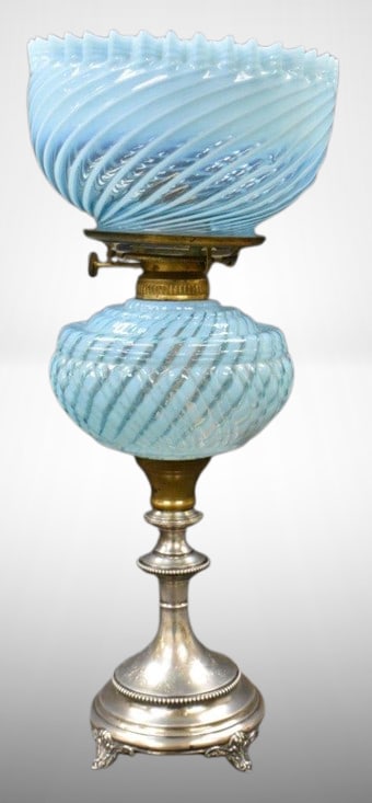 Robin egg blue opalescent Sheldon Swirl 16.5" kerosene lamp on ornate ftd. silver base: Robin egg blue opalescent Sheldon Swirl 16.5" kerosene lamp on ornate ftd. silver base;