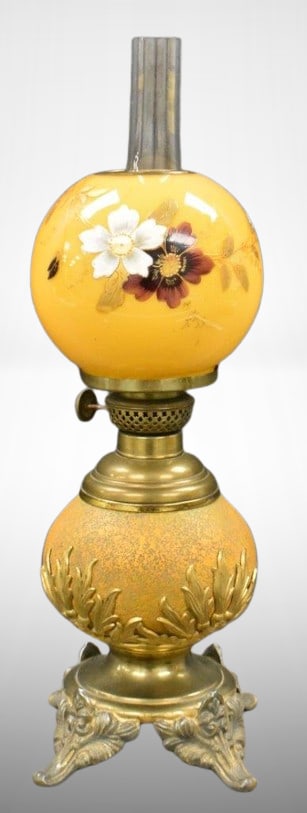 Unique 13" kerosene lamp, spackled pumpkin font and handpainted ball-shaped globe (1 of 12)