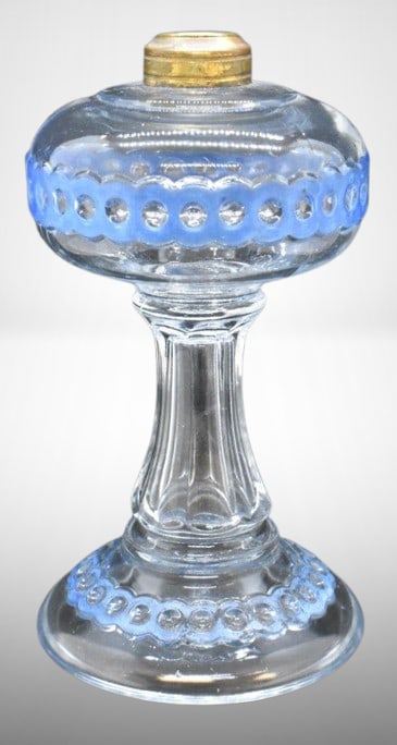 8" clear kerosene lamp w/ joined blue rings circling lamp (1 of 8)