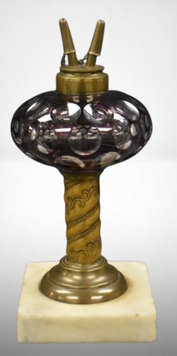 Amethyst cut-to-clear 8" kerosene lamp on brass and marble base (1 of 10)