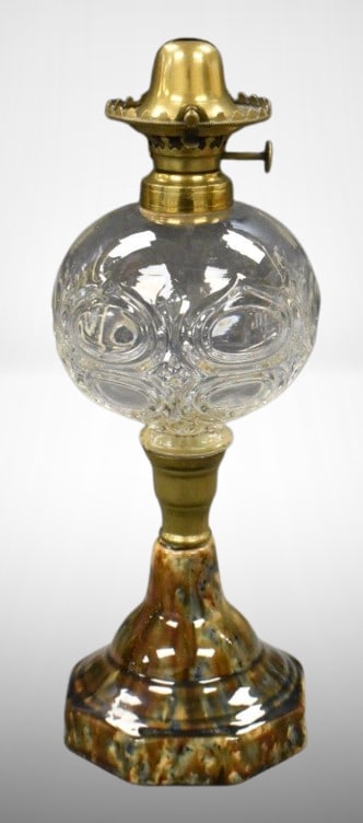 9" kerosene lamp w/ pottery base and clear EAPG font (1 of 9)