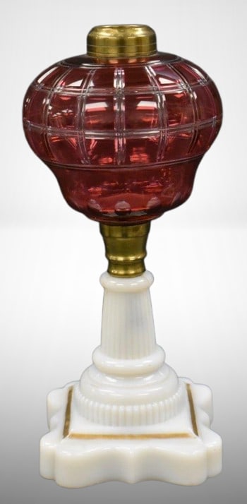 Cranberry w/ square designs and milk glass base 11"h kerosene lamp stand (1 of 9)