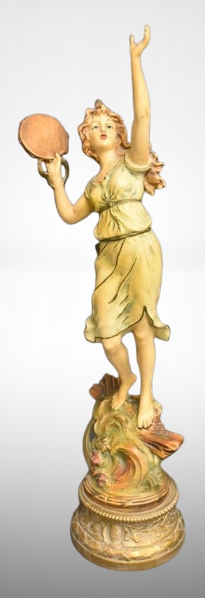 Art Nouveau dancing woman playing tambourine metal painted statue (1 of 8)