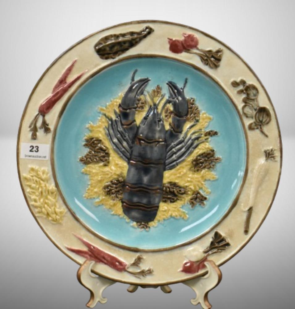 Victorian Majolica 8.5"d Lobster plate, mrkd. Wedgwood; border decorated with vegetables. Please use (1 of 8)