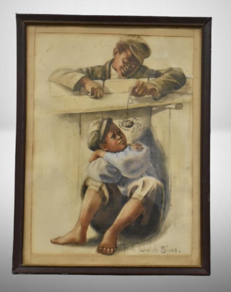 Black Americana print by Ruth Welch Siver; boy teasing other boy w/ spider, framed size 10" 13".: Black Americana print by Ruth Welch Siver; boy teasing other boy w/ spider, framed size 10" 13". Please use pictures as part of the description. Brown Auction attempts to call any flaw that can affect