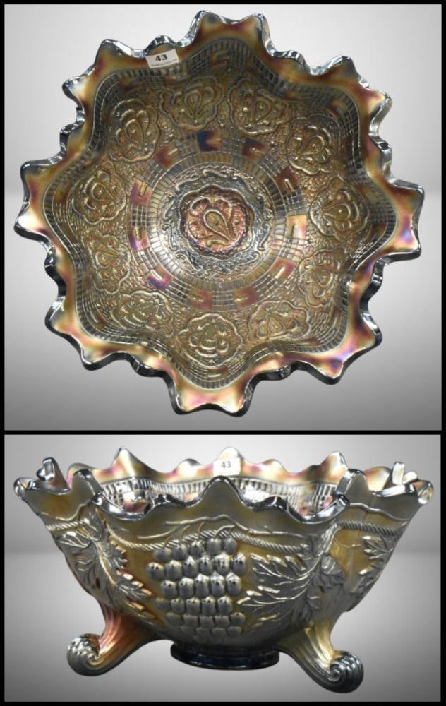 Carnival Glass Grape and Cable (Fenton) ftd. Orange bowl, cobalt; 4" tall. Please use pictures as: Carnival Glass Grape and Cable (Fenton) ftd. Orange bowl, cobalt; 4" tall. Please use pictures as part of the description. Brown Auction attempts to call any flaw that can affect the value of each pie