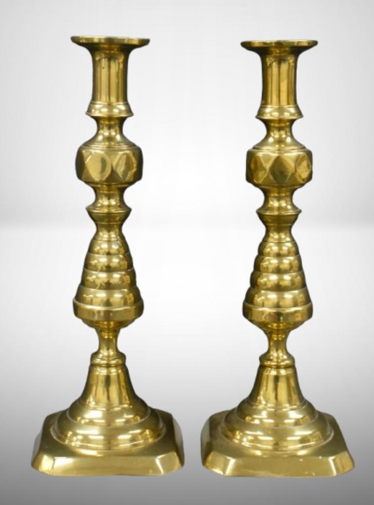 Pair of English Victorian Beehive and Diamond push-up 13" brass candlesticks ; early 1900's. Please (1 of 8)
