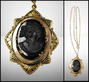 Antique French Cameo necklace, black set in pretty gold frame work; . Please use pictures as part of (1 of 7)