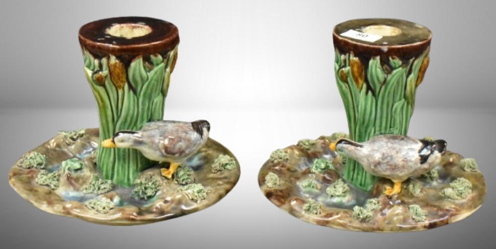 Pair of Majolica 5"h candlesticks decorated with duck and frog/ pond scene; mrkd. Made in Portugal. (1 of 9)