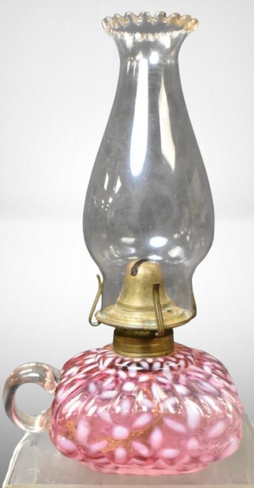 Cranberry opalescent Snowflake finger hold kerosene lamp; 3.25" to burner. Please use pictures as: Cranberry opalescent Snowflake finger hold kerosene lamp; 3.25" to burner. Please use pictures as part of the description. Brown Auction attempts to call any flaw that can affect the value of each pie