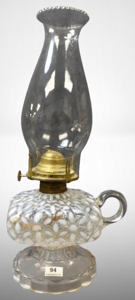 Clear opalescent Snowflake finger hold kerosene lamp; 5" to burner. Please use pictures as part of (1 of 8)