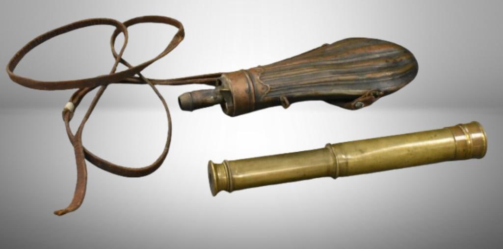 Civil War-era brass powder flask + brass hand held telescope/ spy glass ; telescope mrkd. Montgomery (1 of 10)