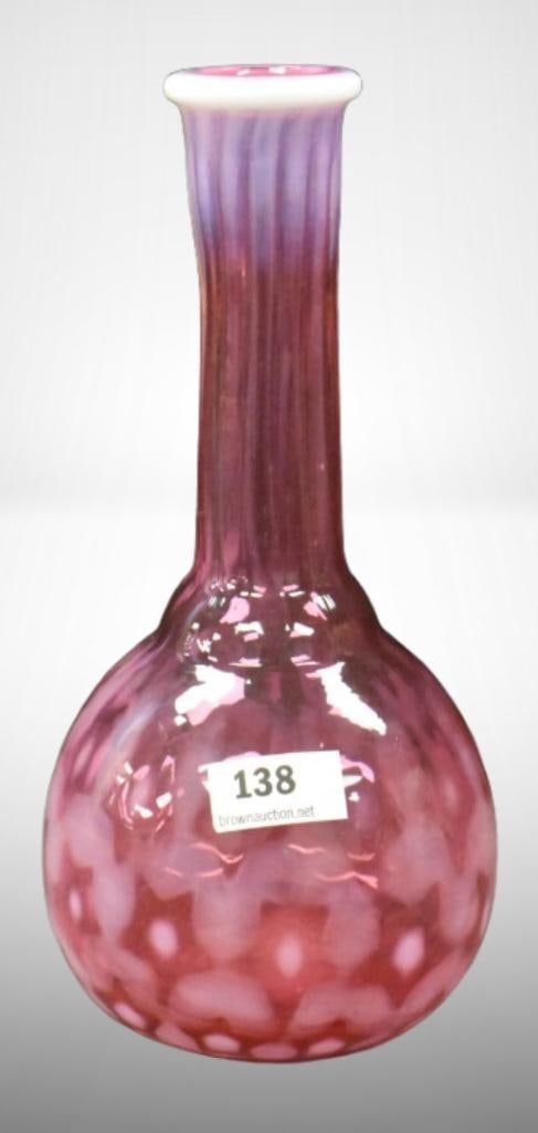 Cranberry opalescent 7.5" barber bottle; . Please use pictures as part of the description. Brown: Cranberry opalescent 7.5" barber bottle; . Please use pictures as part of the description. Brown Auction attempts to call any flaw that can affect the value of each piece. It is the buyer's responsibi