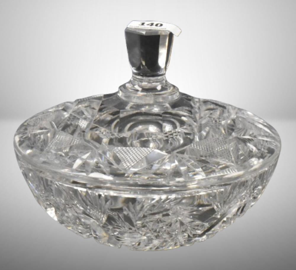 Signed Fry American Brilliant Cut Glass cov. dish; 4"h x 5"d. Please use pictures as part of the (1 of 10)