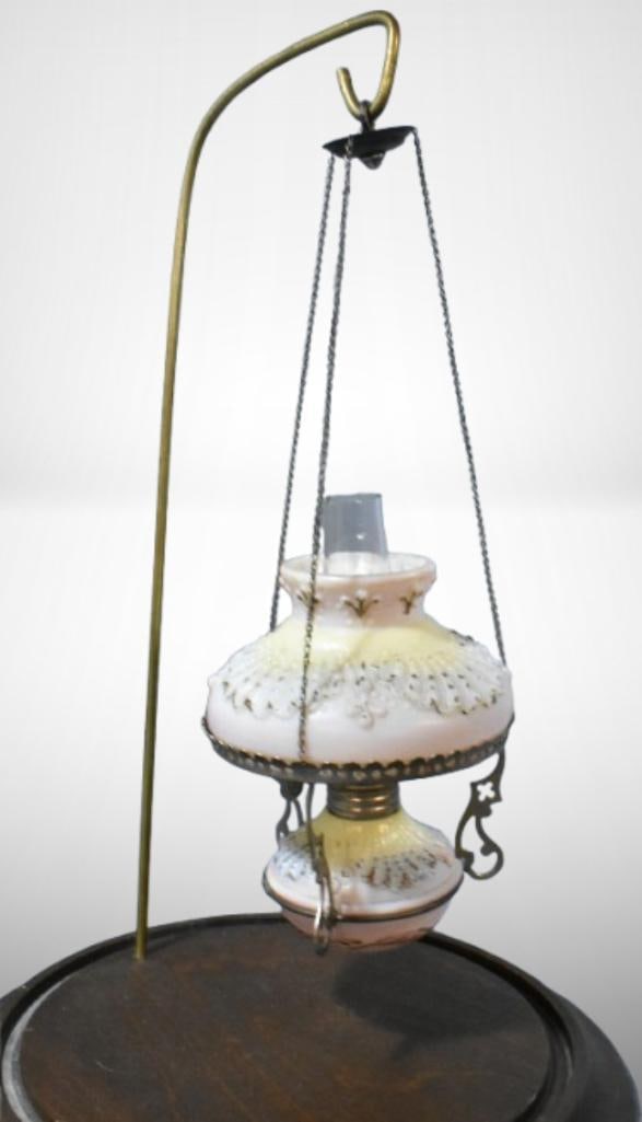 L.E. Smith opaque glass miniature hanging oil lamp with display case; . Please use pictures as part (1 of 10)