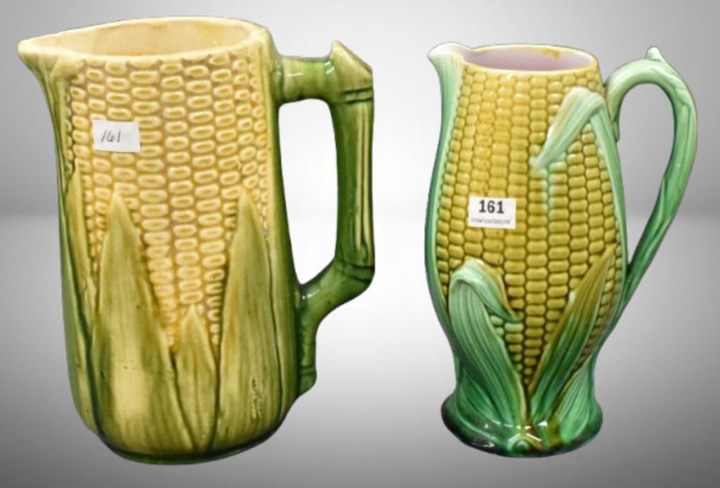 (2) Majolica corn pitchers, 7" and 7.5" heights; . Please use pictures as part of the description. (1 of 10)