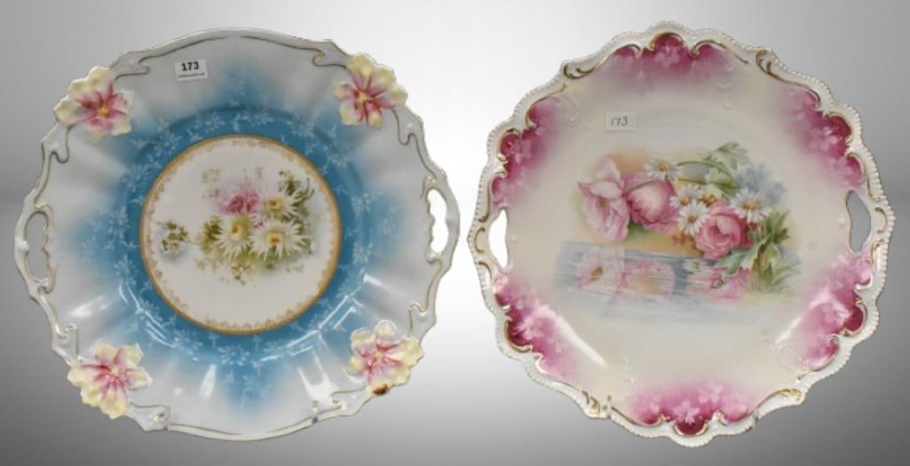 (2) R.S. Prussia cake plates, floral designs, 1 w/ red mark; 11"d. Please use pictures as part of (1 of 13)