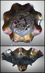 Northwood Carnival Glass Three Fruits Medallion 8.5" spatula-ftd. bowl, amethyst; Meander pattern on: Northwood Carnival Glass Three Fruits Medallion 8.5" spatula-ftd. bowl, amethyst; Meander pattern on reverse. Please use pictures as part of the description. Brown Auction attempts to call any flaw th