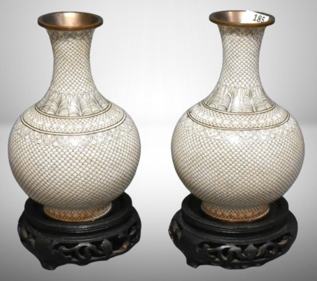 Pair of Cloisonne white bulbous vases with fish scale patterns; 6"t vases (not including wood (1 of 11)