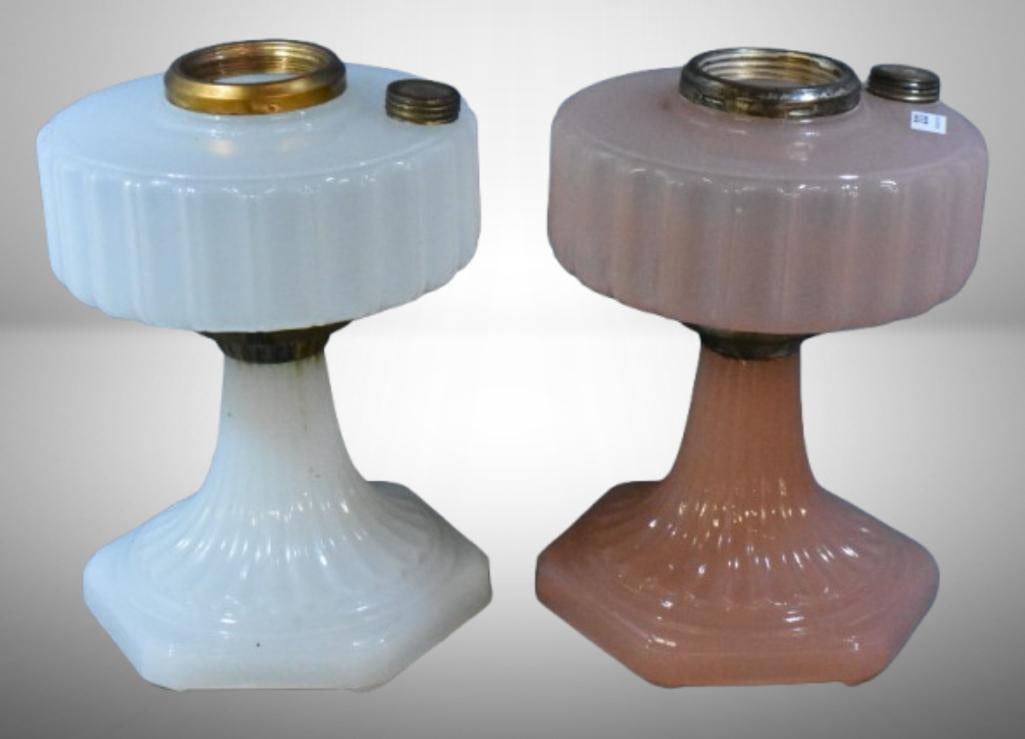 (2) Aladdin Lamp Model B Corinthian bases/fonts - pink and white; 9"t. Please use pictures as part (1 of 11)