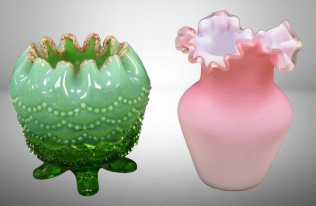 Northwood green opal Beaded Drape 4.5"h ftdl rose bowl; Pink and white cased satin glass 5.25"h vase: Northwood green opal Beaded Drape 4.5"h ftdl rose bowl; Pink and white cased satin glass 5.25"h vase; . Please use pictures as part of the description. Brown Auction attempts to call any flaw that can