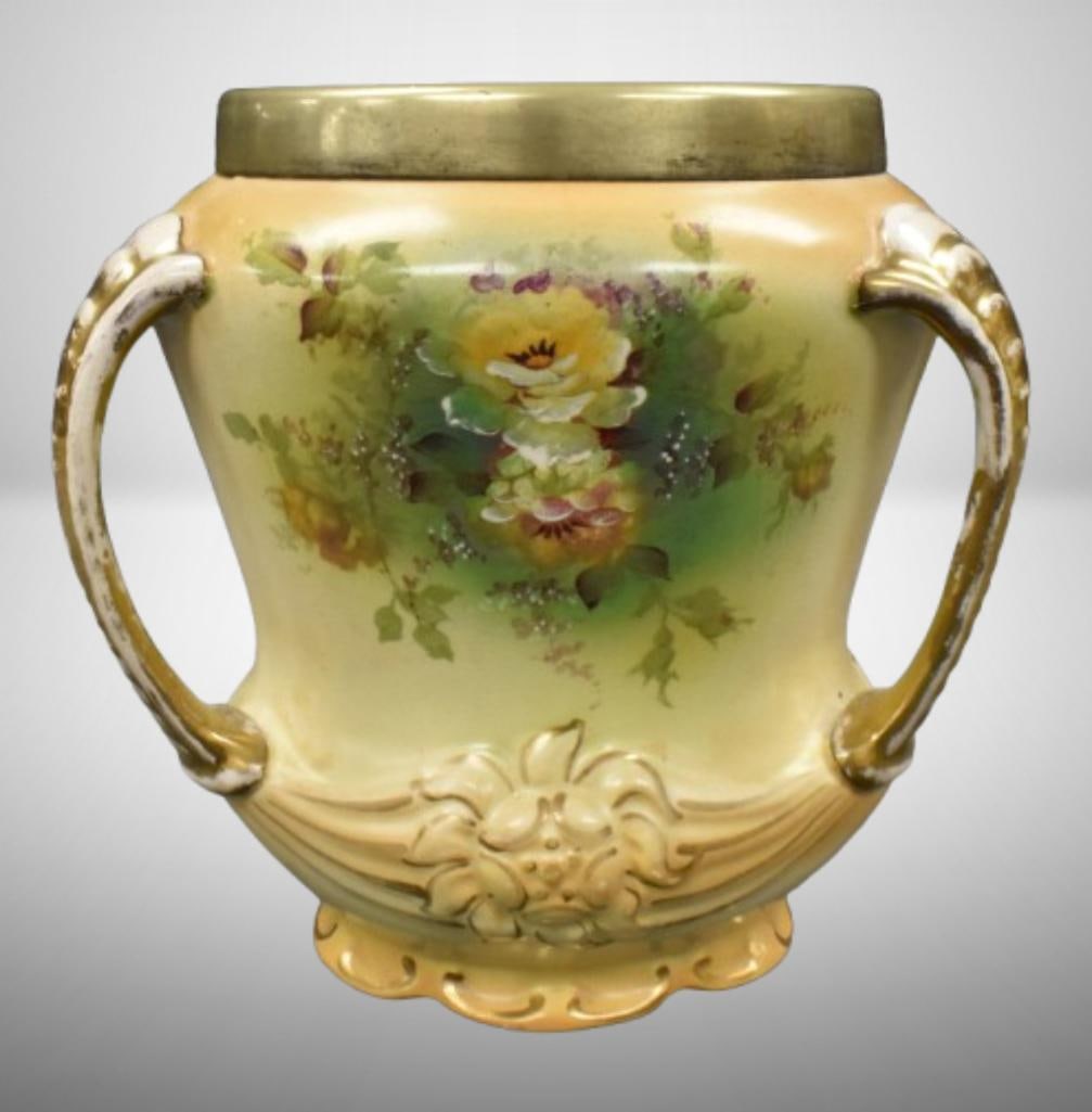 Mrkd. Royal Devon three-handed 6" vase; floral design on golden brown tones. Please use pictures as: Mrkd. Royal Devon three-handed 6" vase; floral design on golden brown tones. Please use pictures as part of the description. Brown Auction attempts to call any flaw that can affect the value of each p