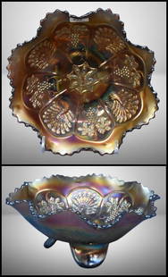 Fenton Carnival Glass Peacock and Grapes ice cream shape bowl, amber; 8"d, spatula footed. Please: Fenton Carnival Glass Peacock and Grapes ice cream shape bowl, amber; 8"d, spatula footed. Please use pictures as part of the description. Brown Auction attempts to call any flaw that can affect the v