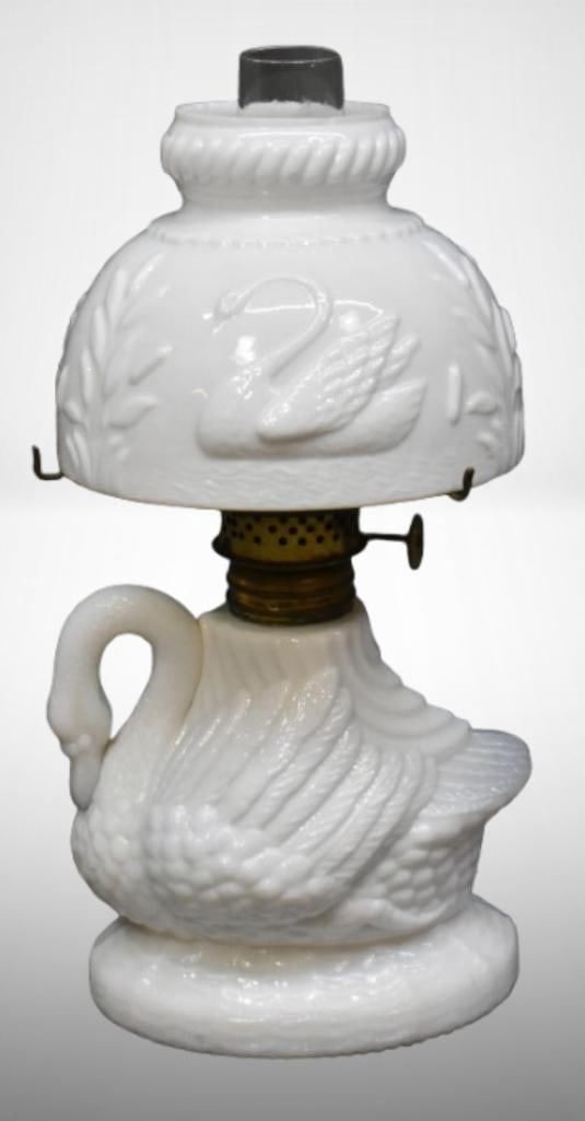 Attebury Swan milk glass miniature oil lamp; 7.5" to top of shade. Please use pictures as part of (1 of 11)