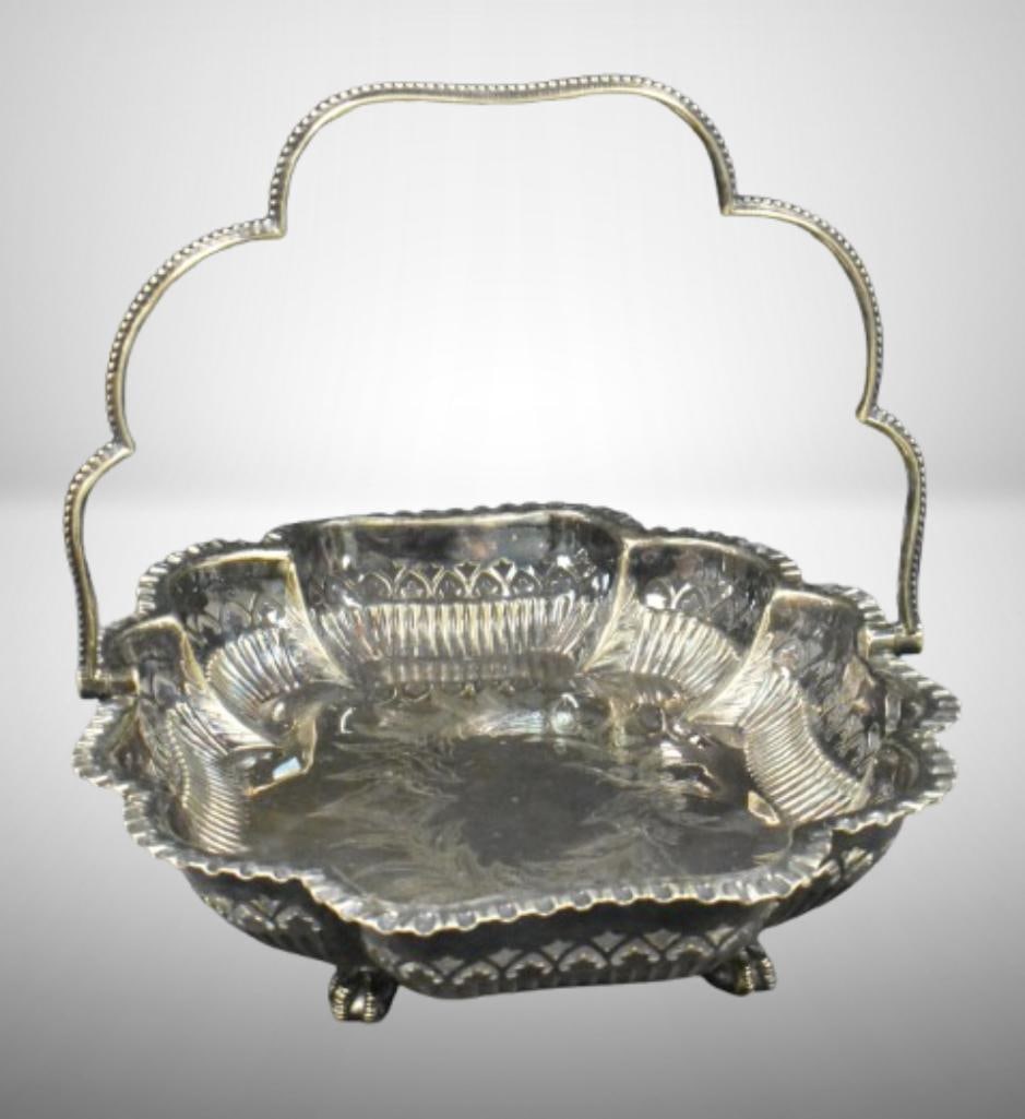 Handled Sterling plated English ftd. bread tray w/ etched center design ; 11" x 8.5" x 2.5" tall. (1 of 7)
