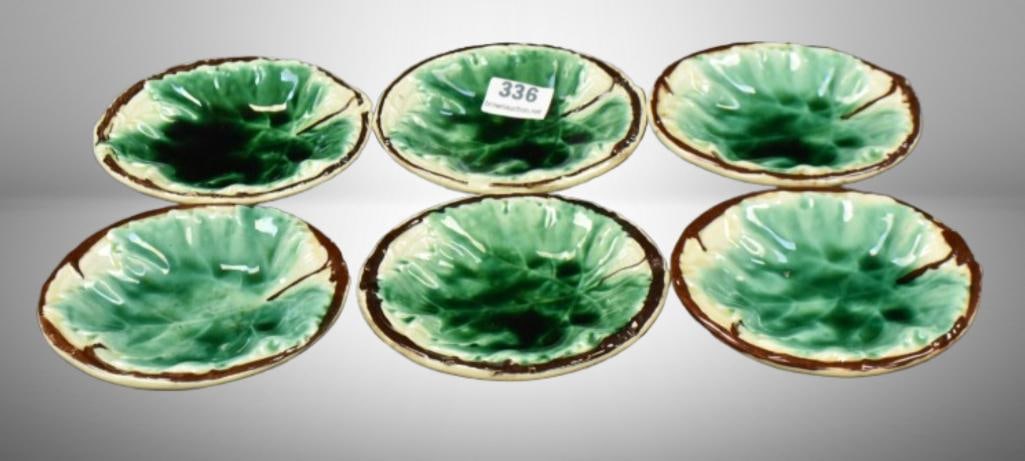 (6) Majolica 3"d butter pats; . Please use pictures as part of the description. Brown Auction: (6) Majolica 3"d butter pats; . Please use pictures as part of the description. Brown Auction attempts to call any flaw that can affect the value of each piece. It is the buyer's responsibility to ask