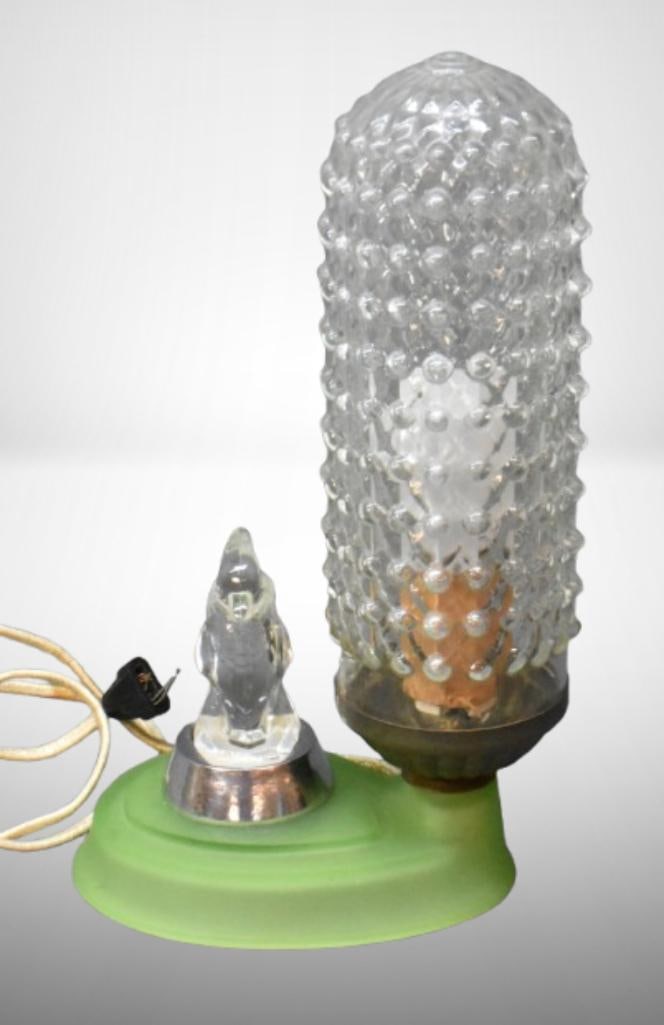 Art Deco bullet boudoir lamp on green Tiffin satin glass base w/ figural bird at sideq; 11" tall. (1 of 10)