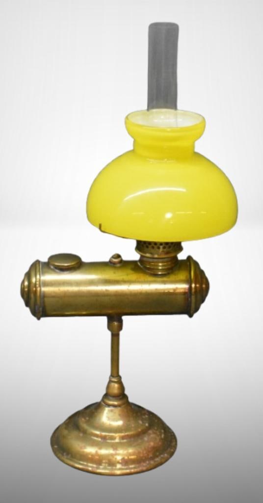Mrkd. Plume and Atwood Acorn miniature student lamp; 9.5" to top of canary yellow shade. Please use (1 of 11)