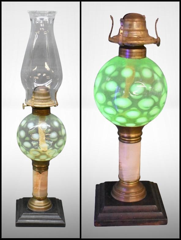 Pastel green opalescent Coin Spot kerosene lamp on marbled-style stem and black base; 12" to top of: Pastel green opalescent Coin Spot kerosene lamp on marbled-style stem and black base; 12" to top of burner. Please use pictures as part of the description. Brown Auction attempts to call any flaw that