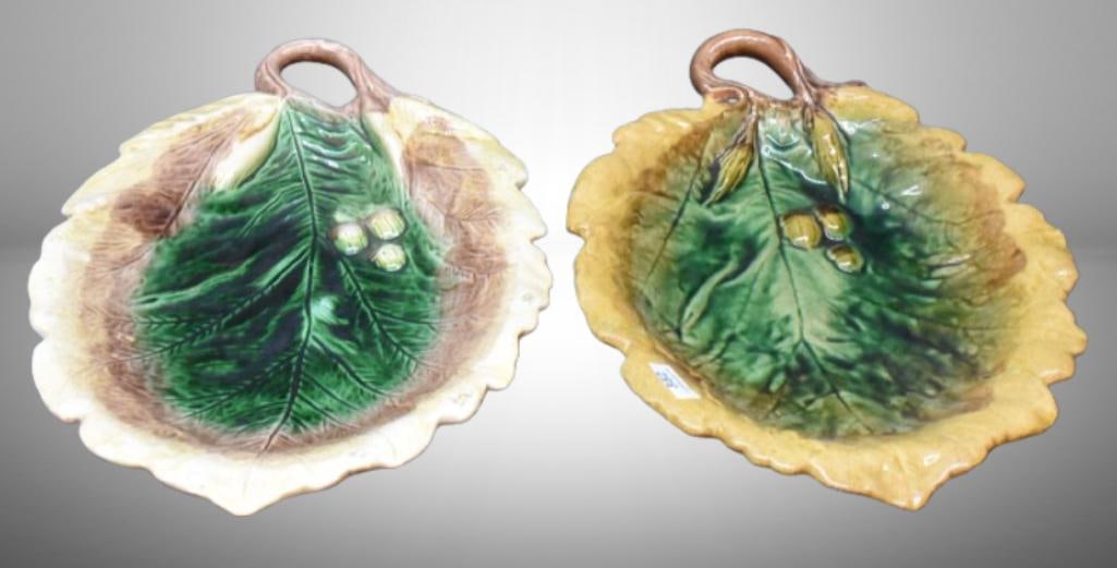 (2) Majolica Acorn leaf trays; 12.5" x 9". Please use pictures as part of the description. Brown (1 of 9)
